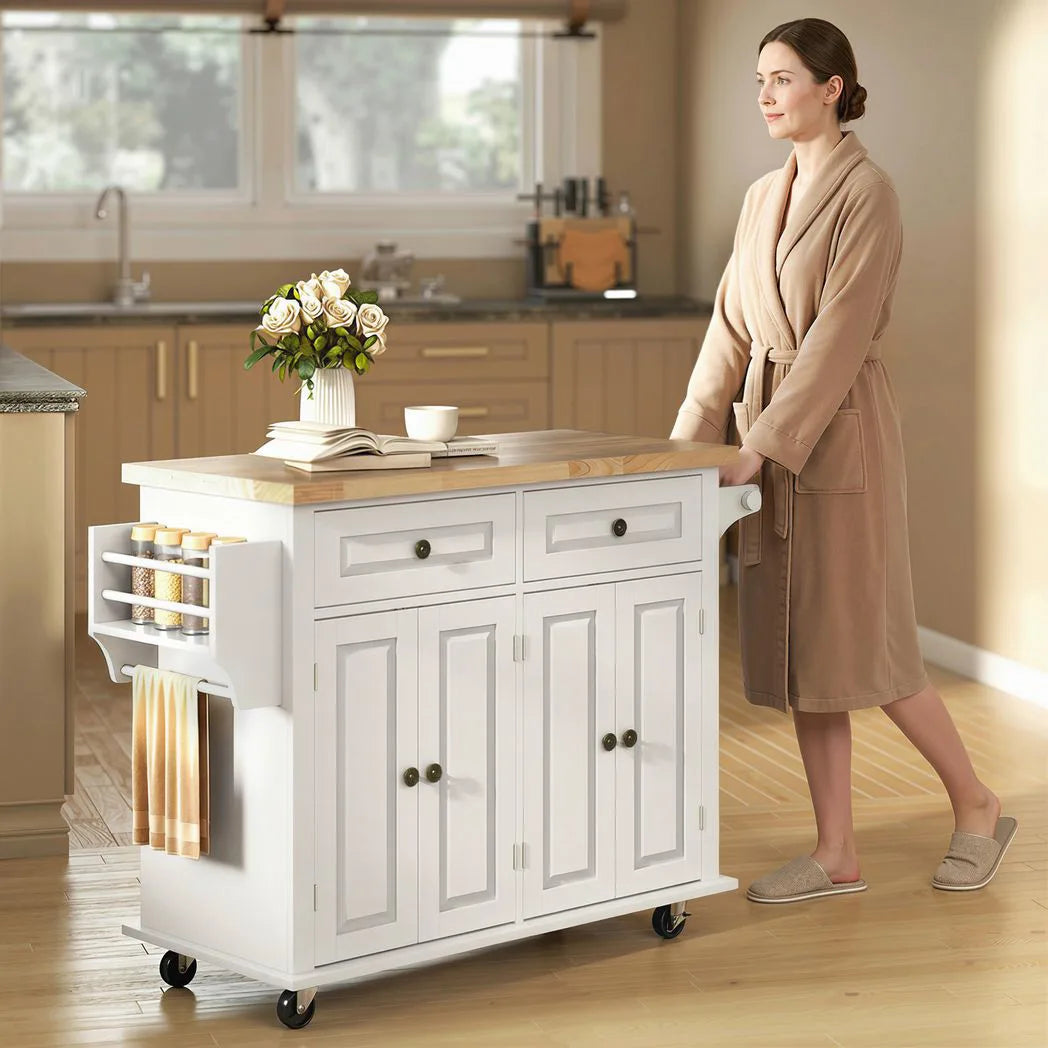 HOMCOM Kitchen Island on Wheels with Rubberwood Top, Drawers and Adjustable Shelves – Rolling Storage Trolley, Cream White