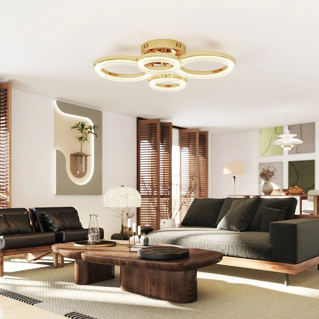 HOMCOM 4-Ring LED Flush Mount Ceiling Light with 3 Colour Temperatures – Modern Lighting, Gold Tone