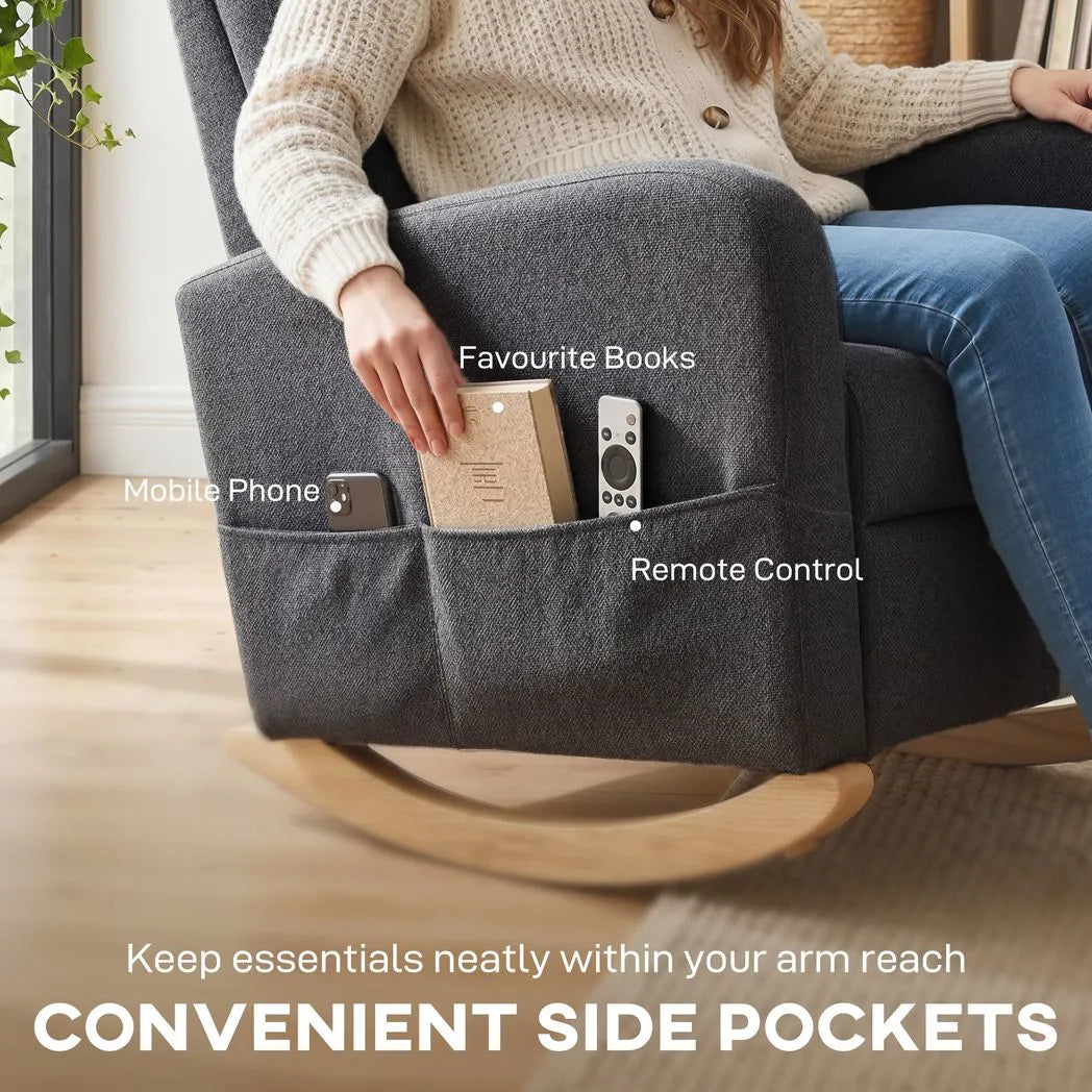 HOMCOM Upholstered Rocking Chair with Retractable Footrest and High Back – Living Room Rocker, Grey