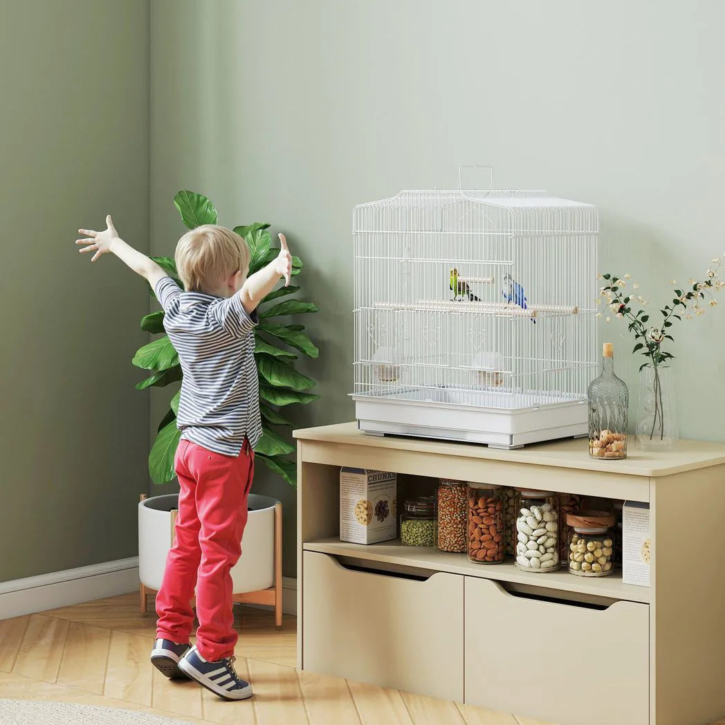 PawHut Large Metal Bird Cage with Perches, Food Bowls & Swing – For Budgies, Finches & Parakeets, White