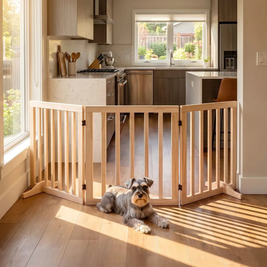 PawHut Wooden Freestanding Dog Gate with 3 Folding Panels and 2 Support Feet – Indoor Pet Barrier, Natural