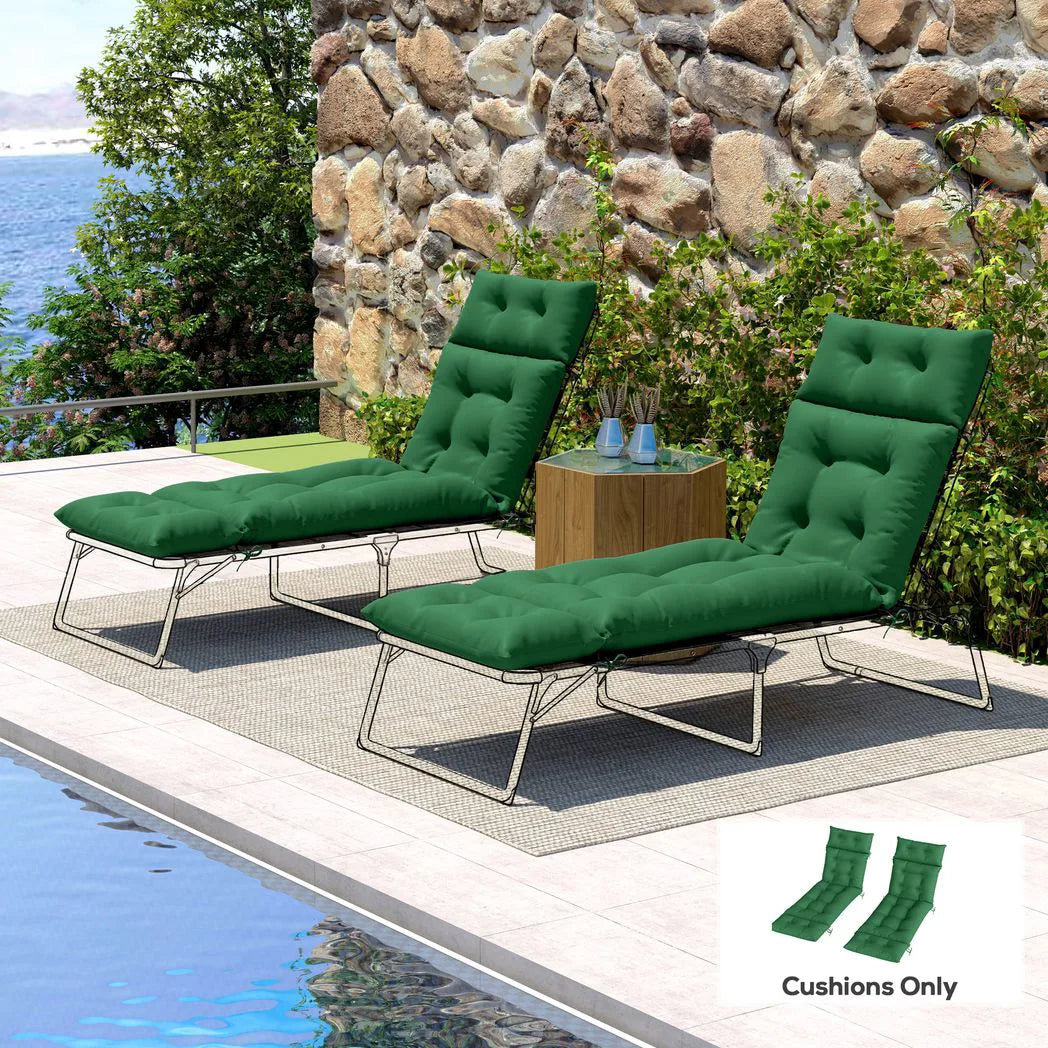 Outsunny Sun Lounger Cushions, Set of 2 – 190 x 56cm Padded Outdoor Recliner Pads with Ties, Green