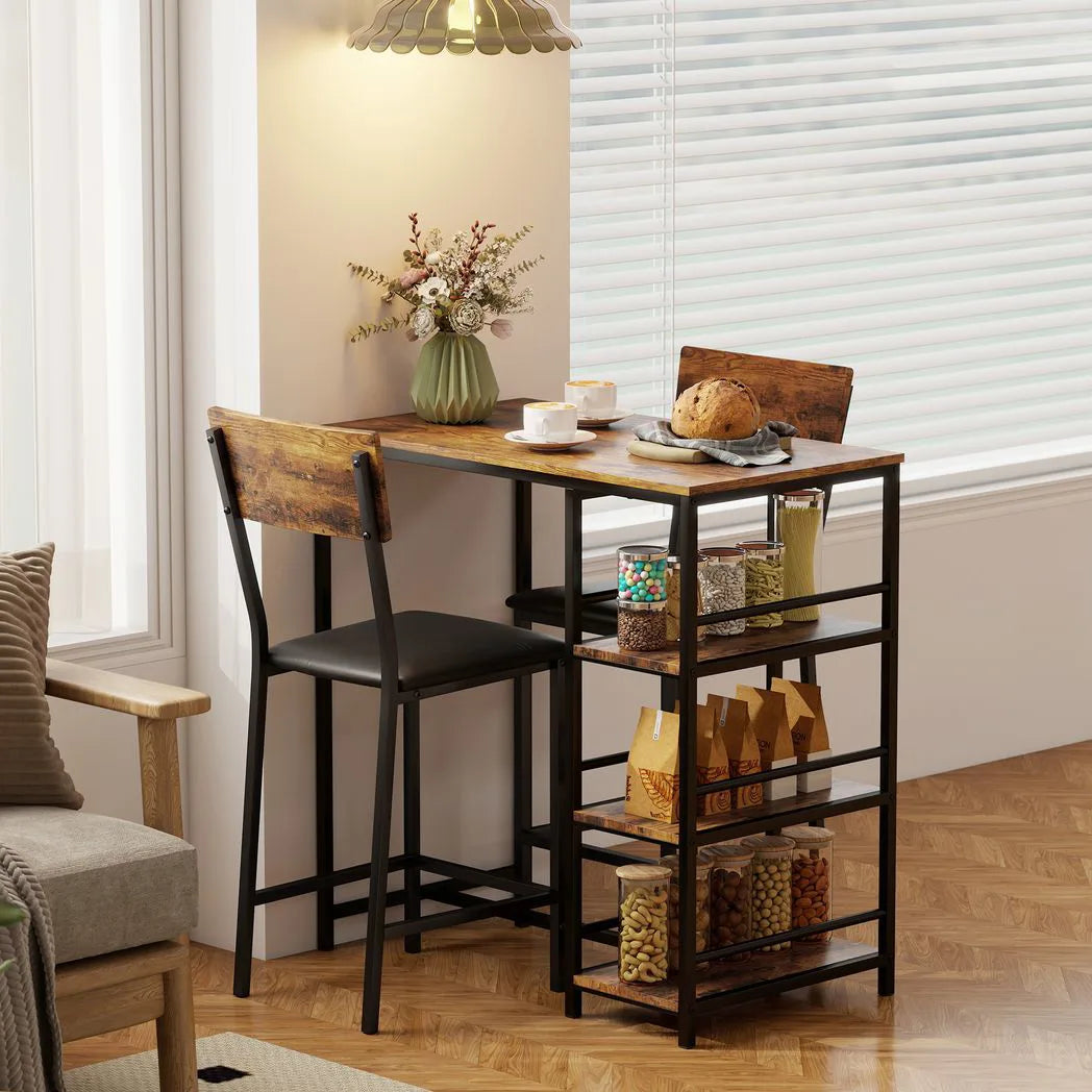 HOMCOM Three-Piece Compact Bar Table Set with 2 PU Leather Chairs and Side Shelves – Brown/Black