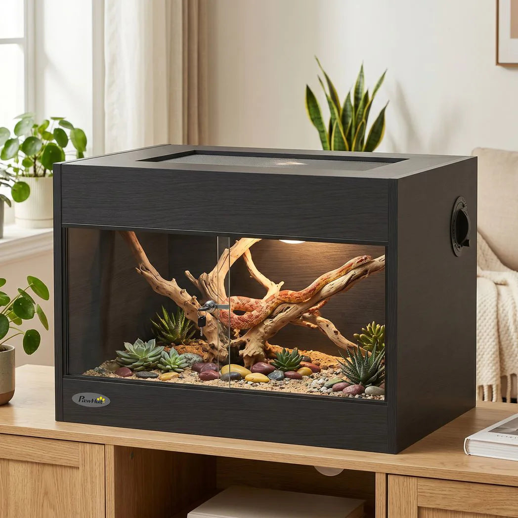 PawHut Reptile Terrarium with Glass Doors, Lock and Top Ventilation – Vivarium for Snakes and Geckos, Black