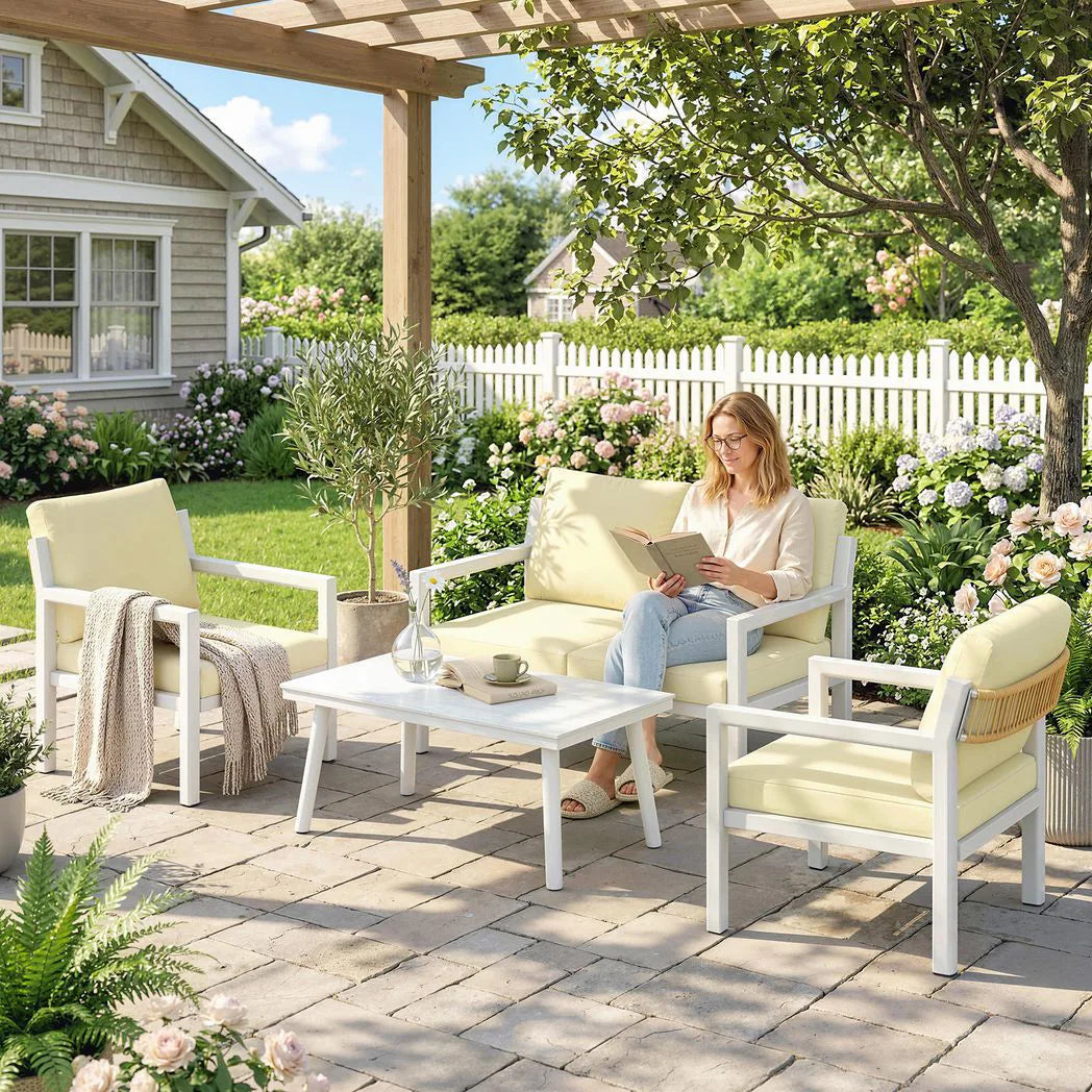 Outsunny 4-Seater Rattan Garden Furniture Set with 2 Armchairs, Loveseat, Coffee Table and Cushions – Beige