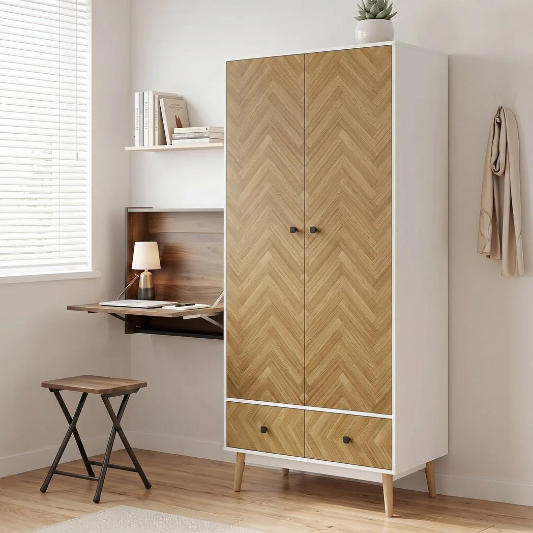 HOMCOM Modern Wardrobe with 2 Hanging Rods, 2 Shelves and 2 Drawers – Wood-Effect Bedroom Storage, White