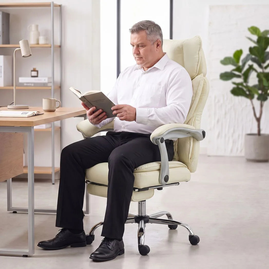 HOMCOM Executive Big and Tall Office Chair, 180kg Capacity, Reclining PU Leather with Footrest, Beige