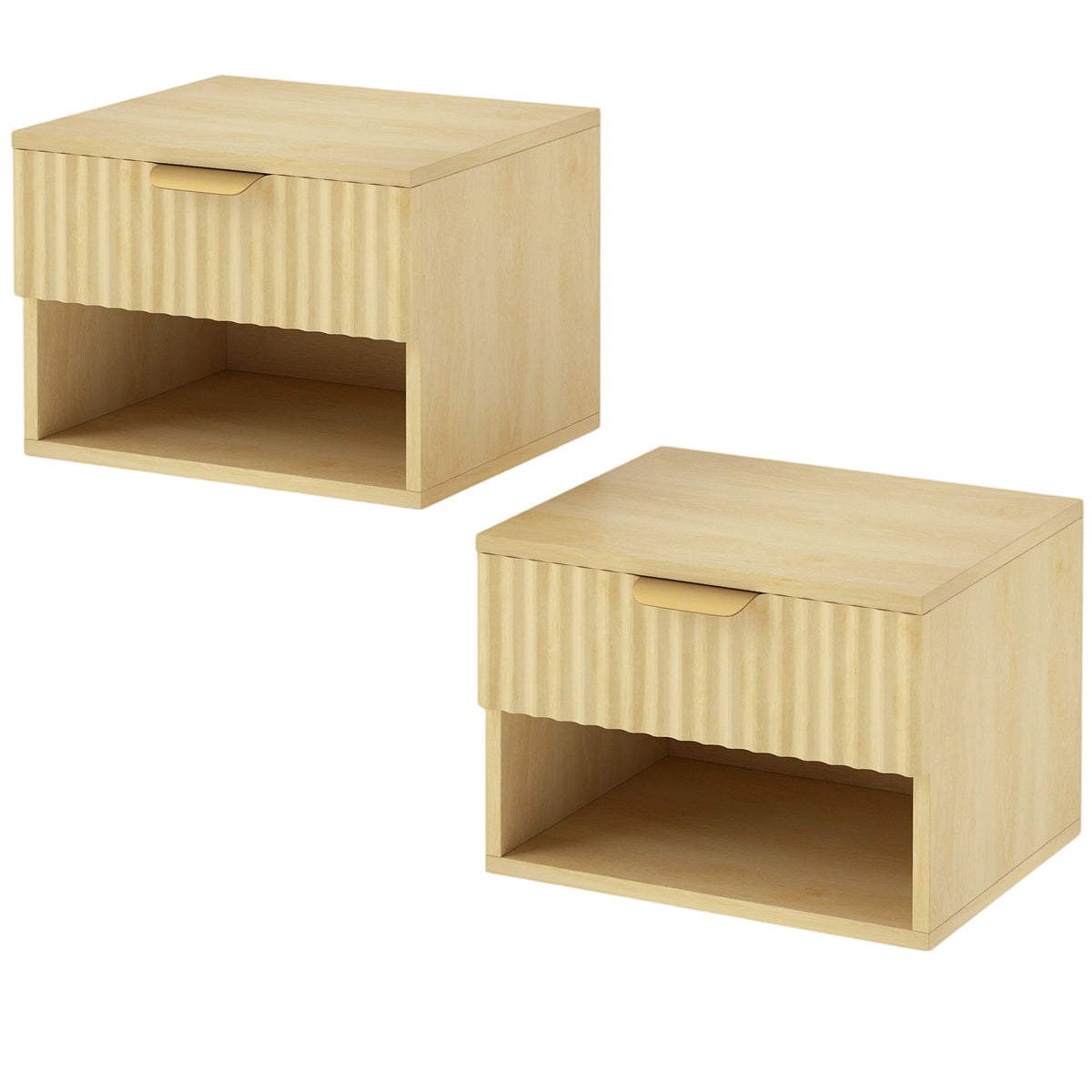 HOMCOM Floating Nightstands Set of 2 with Fluted Drawer and Open Shelf – Wall-Mounted Bedside Tables, Oak