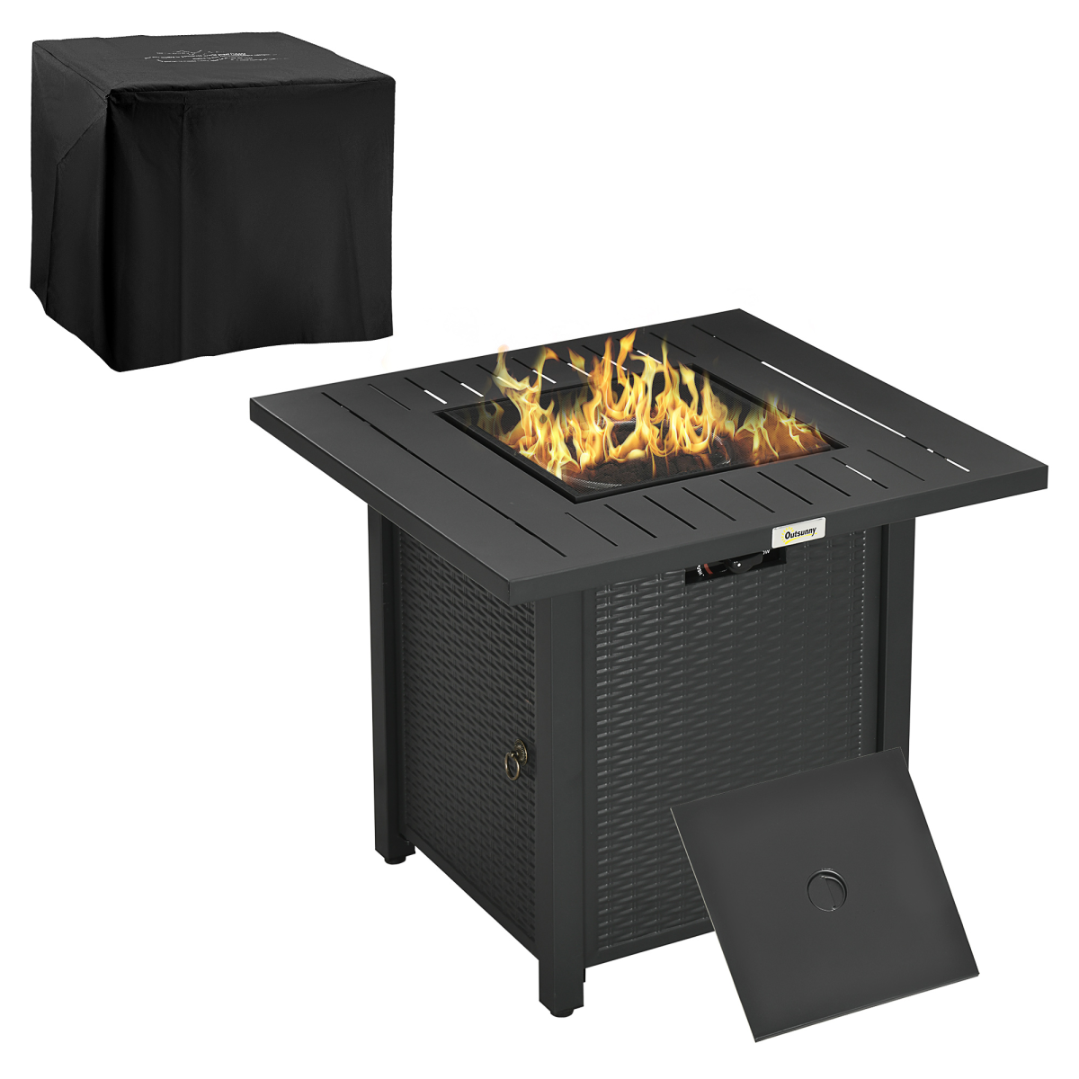 Outsunny 50,000 BTU Gas Fire Pit Table with Protective Cover and Spark Guard – Rattan-Style Outdoor Heater