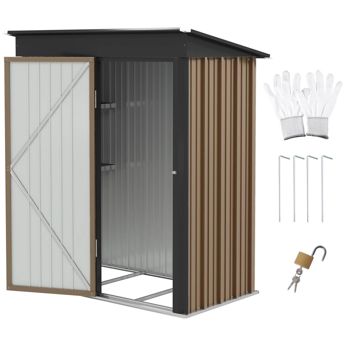 Outsunny 5 x 3ft Lean-To Galvanised Steel Garden Shed with Lock and Adjustable Shelves – Dark Grey and Brown