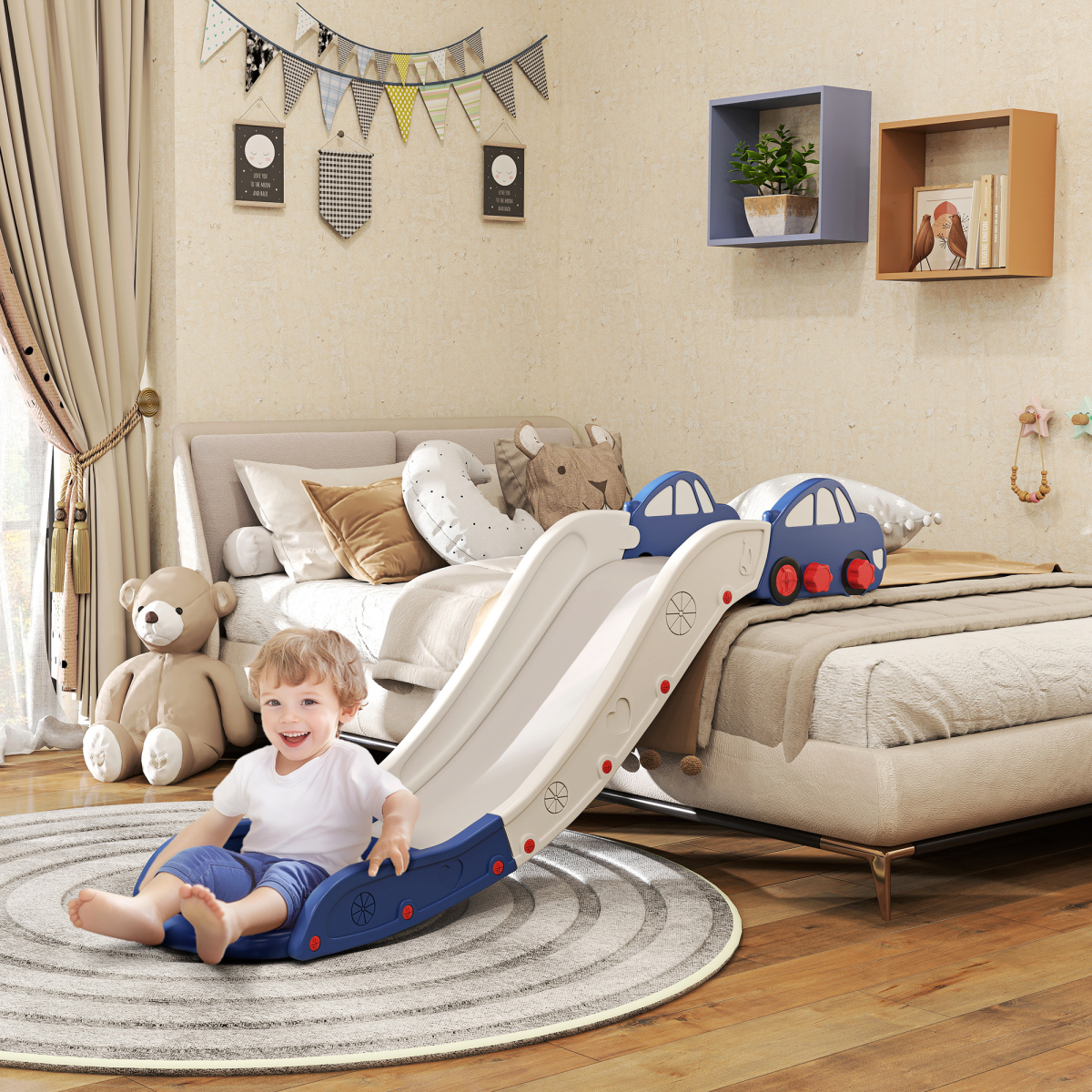 Kids Indoor Slide with Buffer Segment, HDPE Slide for Sofas & Beds – Ages 18-48 Months, Blue