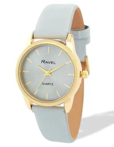 Ravel Ladies Round Gold-Tone Textured Bezel Watch with Grey Faux Leather Strap, 27mm