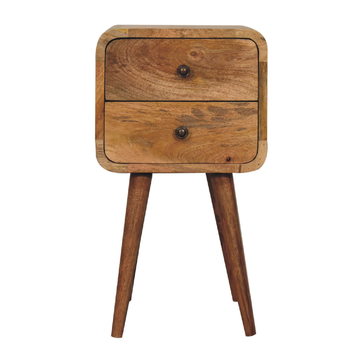 Artisan Furniture Solid Wood Mini Curved Bedside Table with 2 Drawers – Nordic Style, Oak-ish Brown