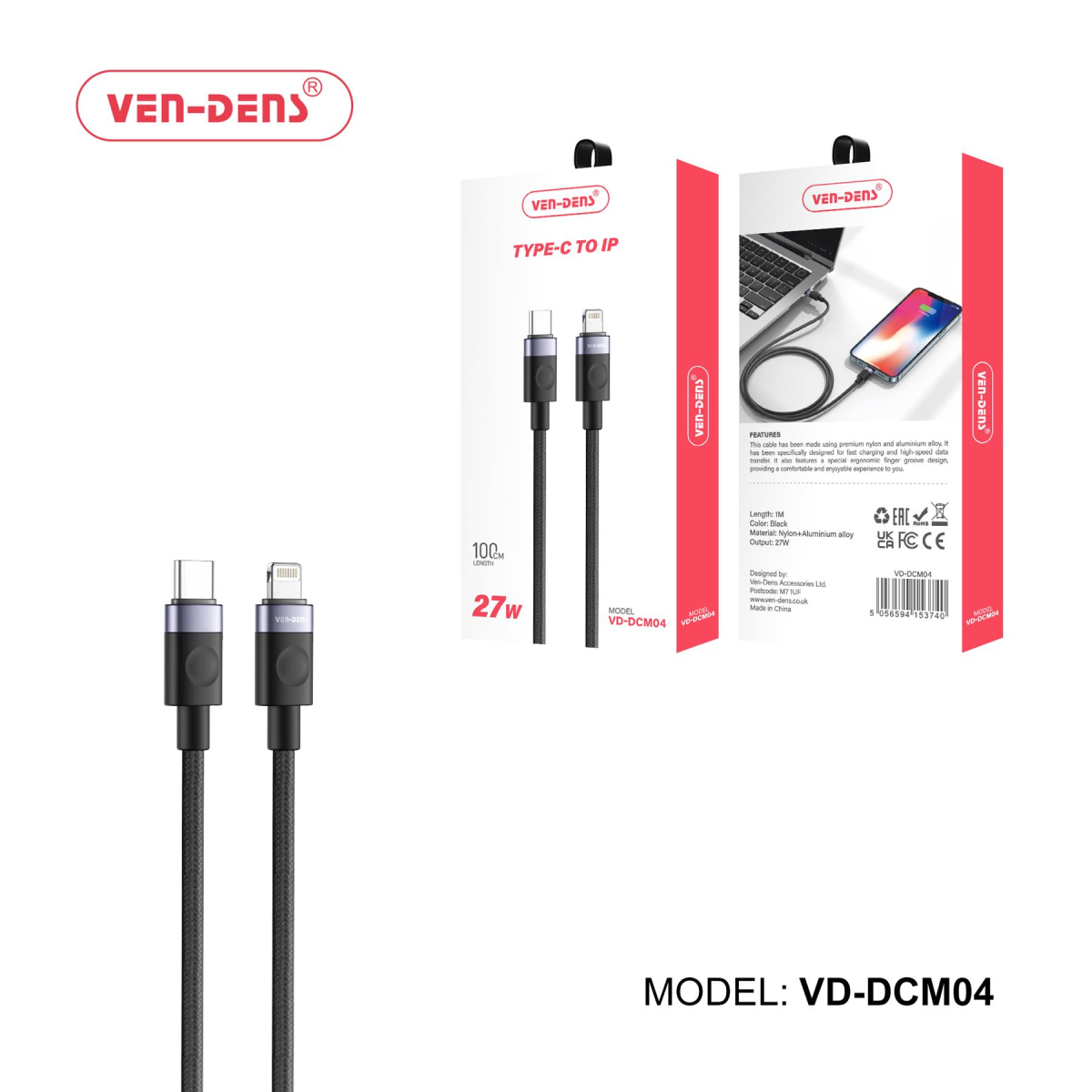 Ven-Dens 27W USB-C to Lightning Charging Cable, 1m – Fast Charging and Data Sync for iPhone