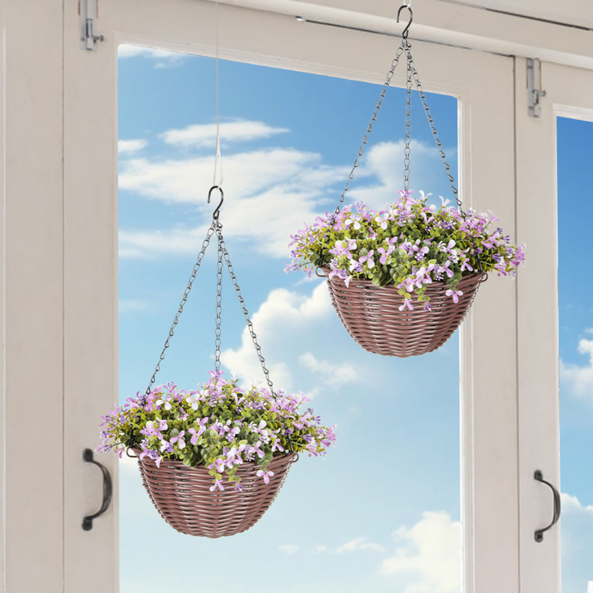 Artificial Hanging Basket with Purple Flowers & Lush Foliage – Maintenance-Free Home & Office Decor
