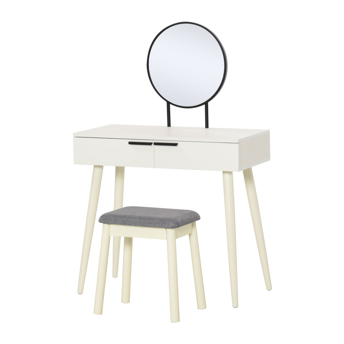 HOMCOM Dressing Table Set with Round Mirror, 2 Drawers and Cushioned Stool – Makeup Vanity Desk, White