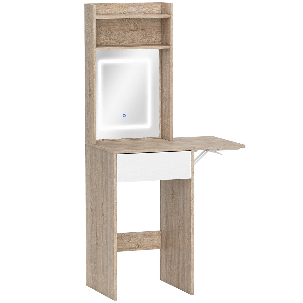 HOMCOM Small Vanity Desk with LED Mirror, Drop Leaf & Open Shelves – Compact Dressing Table, Natural Wood