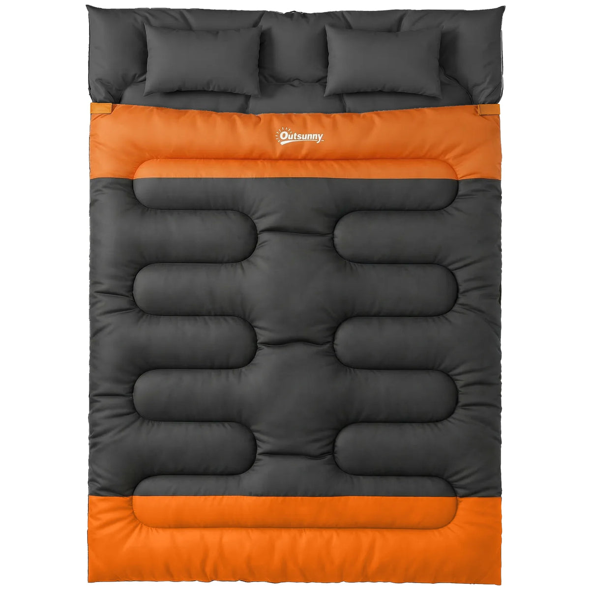 Outsunny Double Sleeping Bag with 2 Pillows – 220 x 160 cm Extra-Large Camping Bag for Adults, Grey and Orange