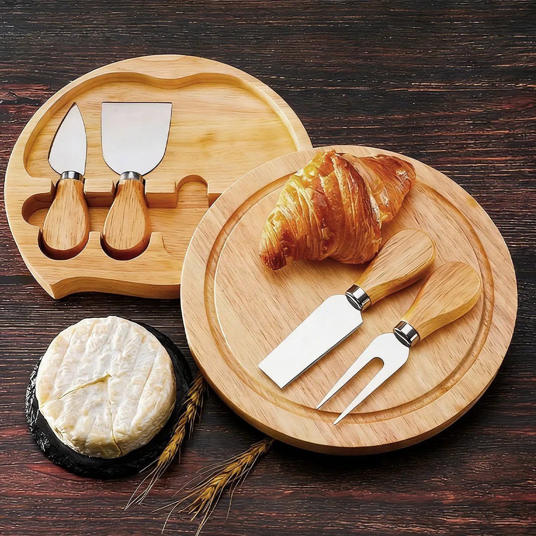 4-Piece Cheese Knife and Spatula Set with Round Rubberwood Box – Stainless Steel Blades, Gift Cheese Tools