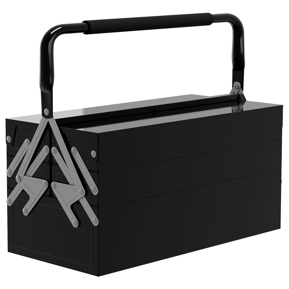 DURHAND 3 Tier Metal Toolbox with 5 Collapsible Trays and Carry Handle, 45 x 22.5 x 34.5cm – Powder-Coated Steel, Black