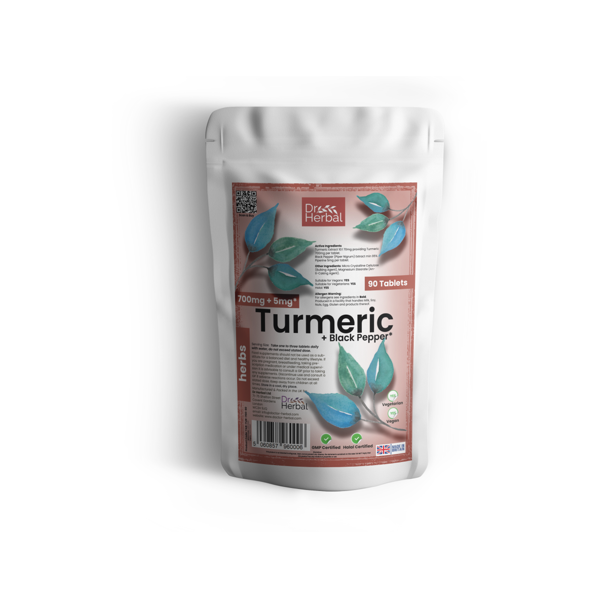 Dr Herbal Turmeric 700mg with Black Pepper – High-Strength Supplement, 90 Tablets