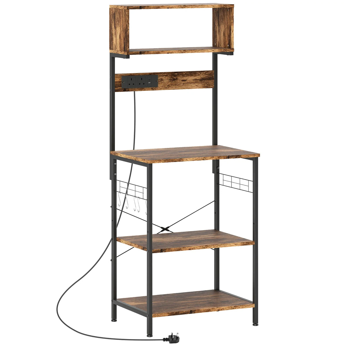 HOMCOM Kitchen Storage Rack with Power Outlets, USB Chargers and Hooks – Bakers Rack, Coffee Station, Rustic Brown