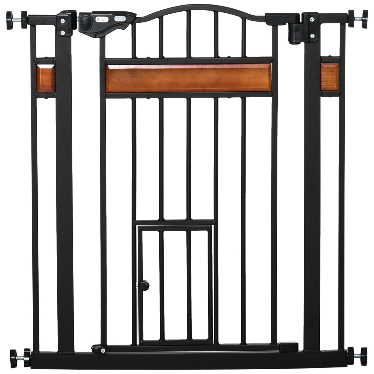 PawHut Auto-Close Dog Gate with Cat Door, 74–80cm Wide – Steel Pet Safety Gate for Stairs, Pine Decor