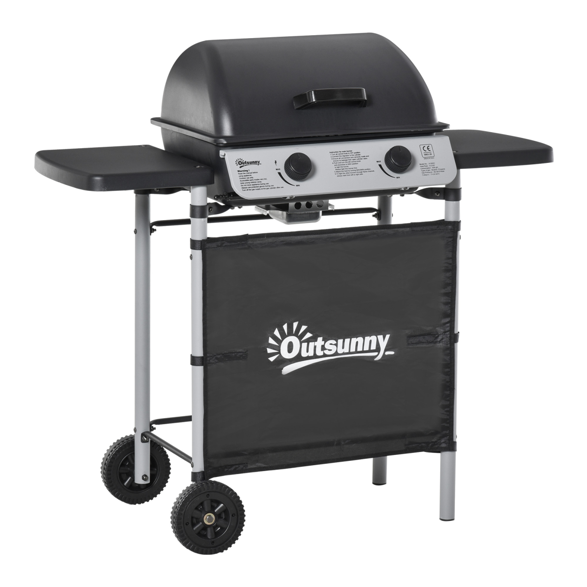 Outsunny 2-Burner Propane Gas BBQ Grill, 5.6kW with Side Shelves and Wheels – LPG Outdoor Barbecue, Grey
