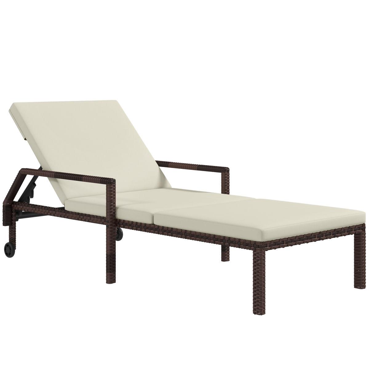 Outsunny Rattan Wicker Chaise Sun Lounger with Wheels & 5-Level Backrest – Longline Cushion, Cream White