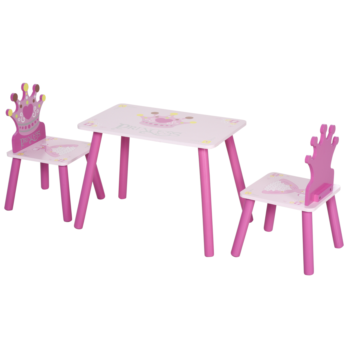 HOMCOM 3-Piece Kids Princess Table and Chair Set with Crown Backs – Pink Play Furniture for Ages 2-4