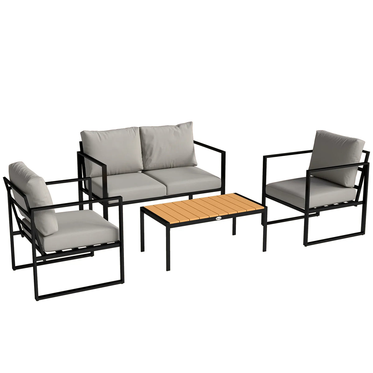 Outsunny 4 Piece Garden Furniture Set with Loveseat, 2 Armchairs and Slatted Coffee Table – Cushioned Patio Set