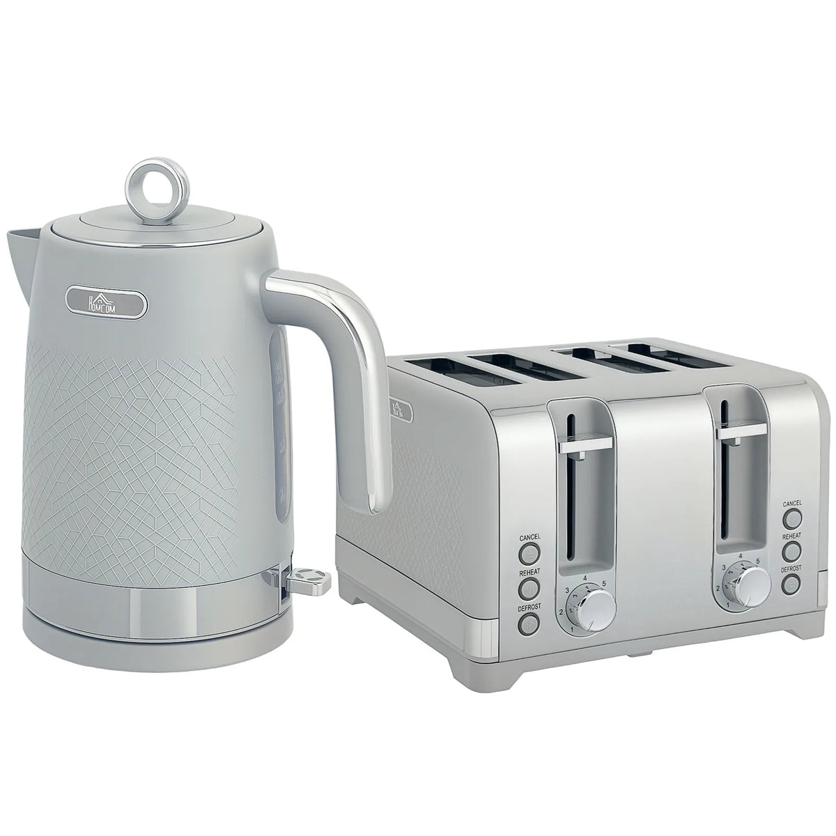 HOMCOM Textured Kettle and 4-Slice Toaster Set, 1.7L 3000W Rapid Boil Kettle – Kitchen Set, Grey