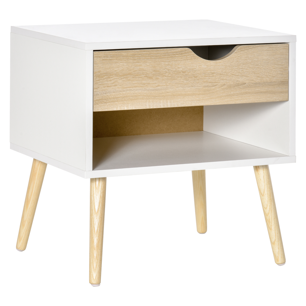 HOMCOM Bedside Table with Drawer and Open Shelf – Modern Nightstand and Side Table with Solid Wood Legs