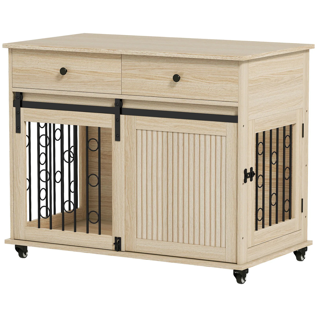 PawHut Dog Crate Furniture on Wheels with Two Drawers – Side Table Kennel for Medium and Large Dogs, Oak