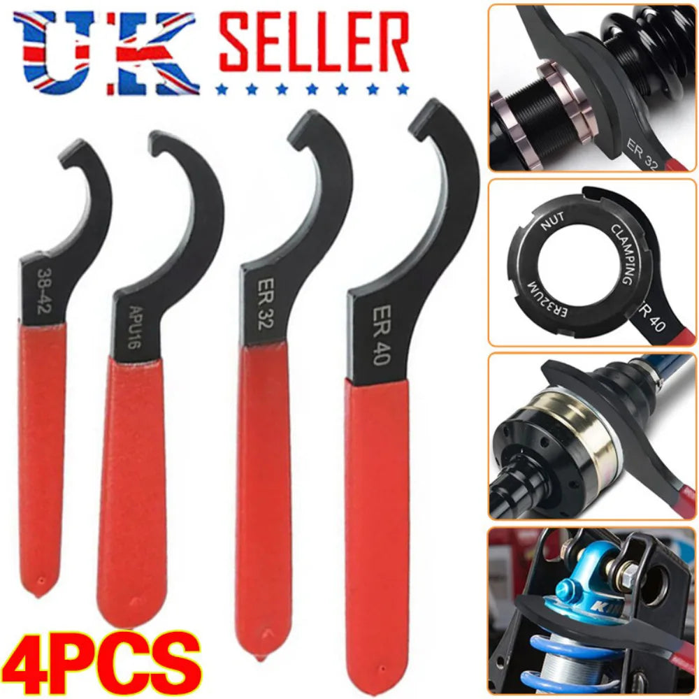 4-Piece Coilover Wrench Set – C-Shape Steel Hook Spanners with Soft Rubber Handles for Shock Absorbers