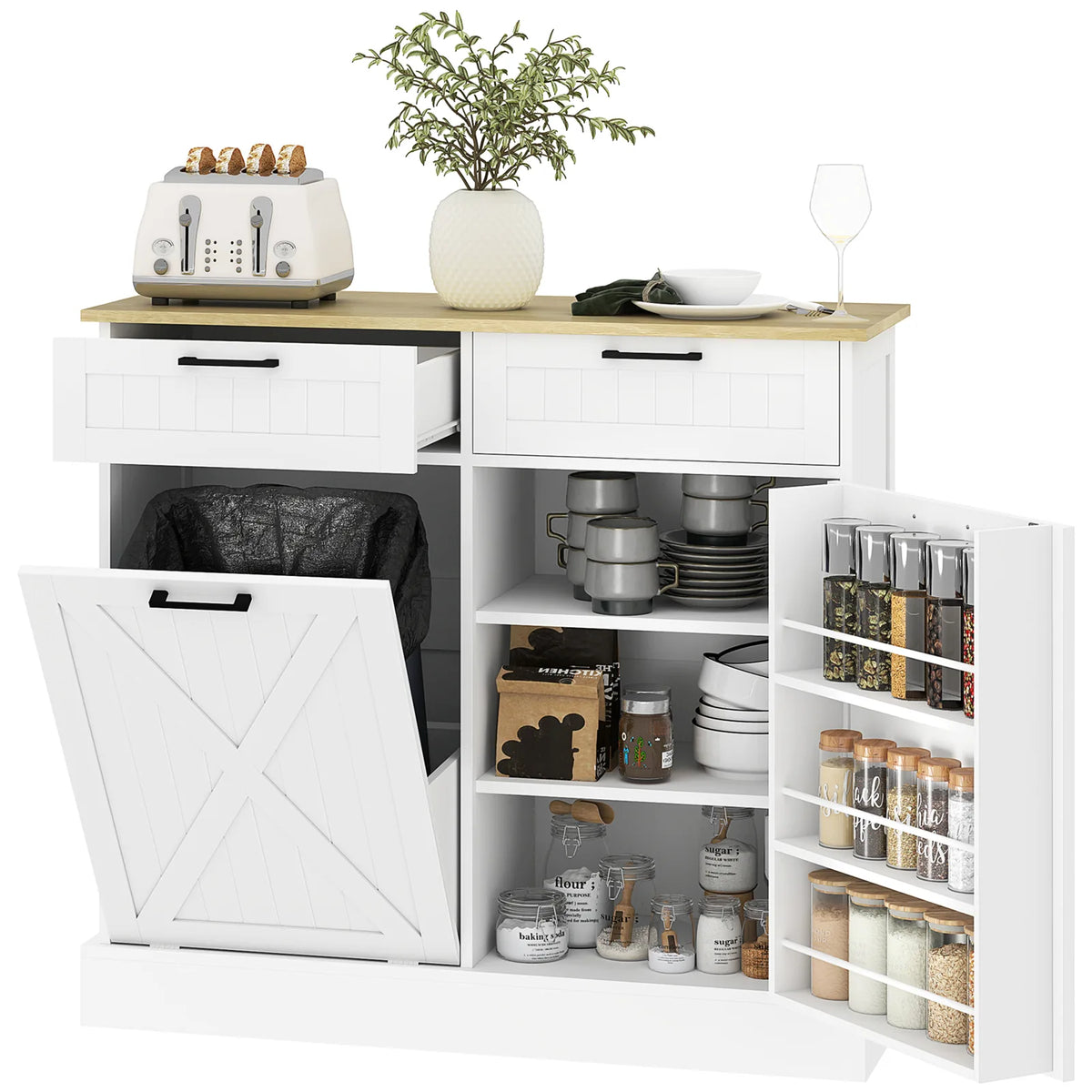 HOMCOM Farmhouse Kitchen Sideboard with Tilt-Out Rubbish Bin, 2 Drawers and Adjustable Shelves, White