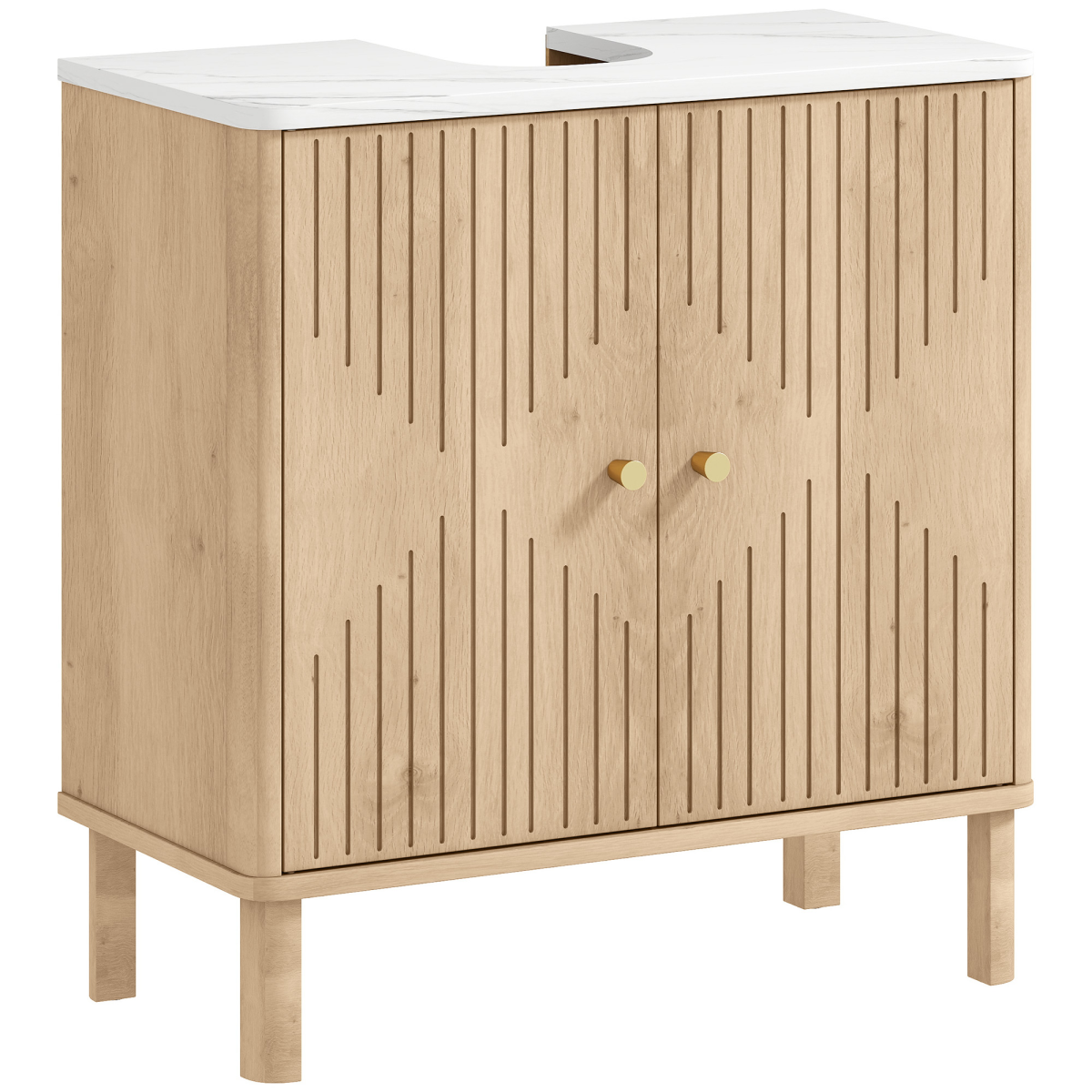 HOMCOM Under Sink Bathroom Cabinet with U-Shaped Cut-Out, Fluted Doors and Gold-Tone Handles – Oak
