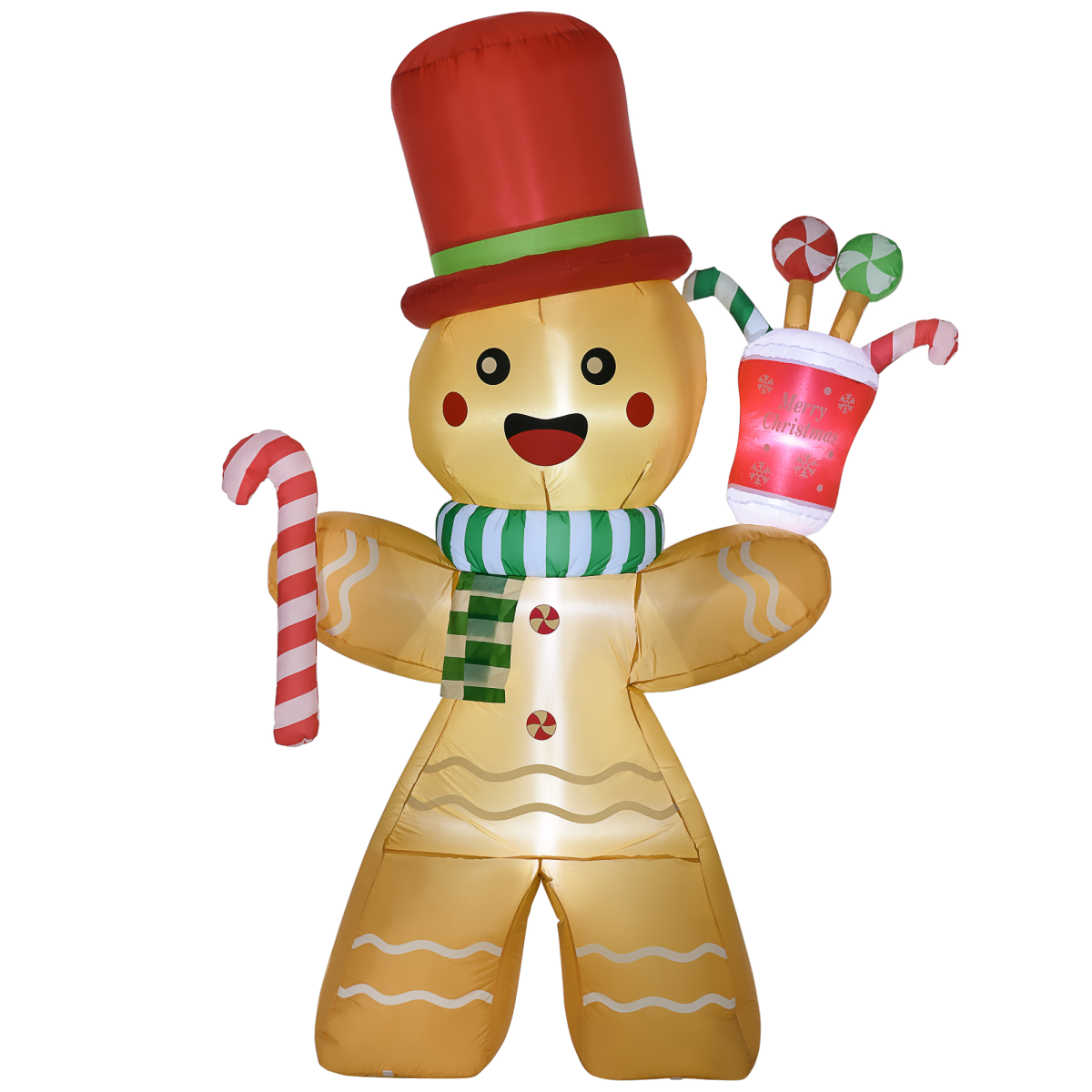 HOMCOM 7.5ft Christmas Inflatable Gingerbread Man with Candy Cane and LED Lights – Outdoor Garden Decor
