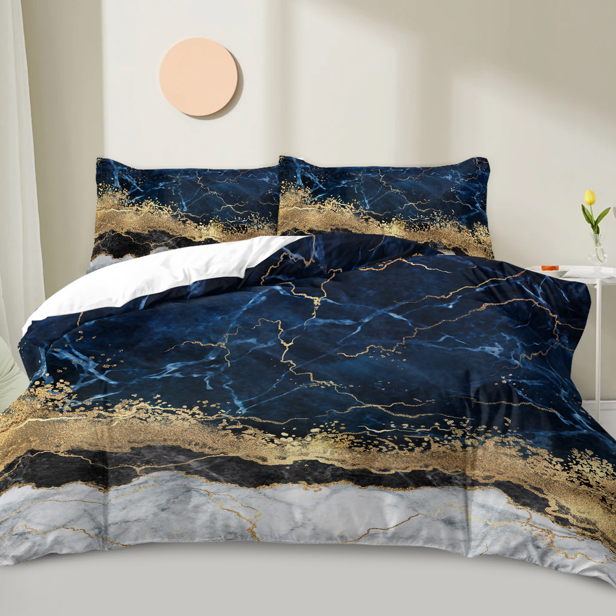 Marble Print Duvet Cover Set with 2 Pillowcases – White Marble and Gilded Navy Blue Design, Double