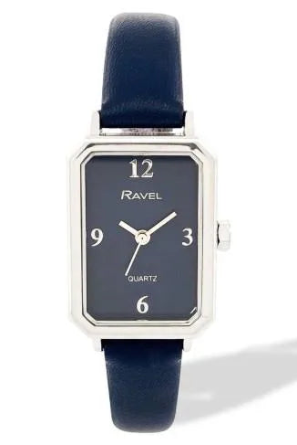 Ravel Ladies Rectangular Silver-Tone Watch with Blue Faux Leather Strap