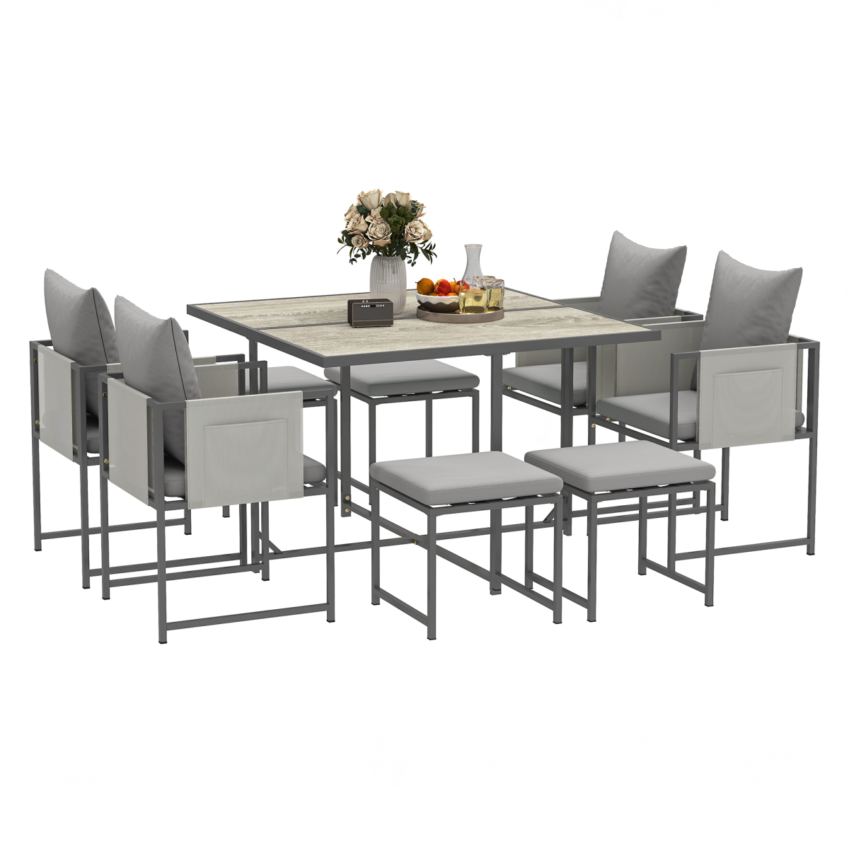 Outsunny 8-Seater Square Garden Dining Set with Cushions, 4 Armchairs & 4 Footstools – 9-Piece Patio Set