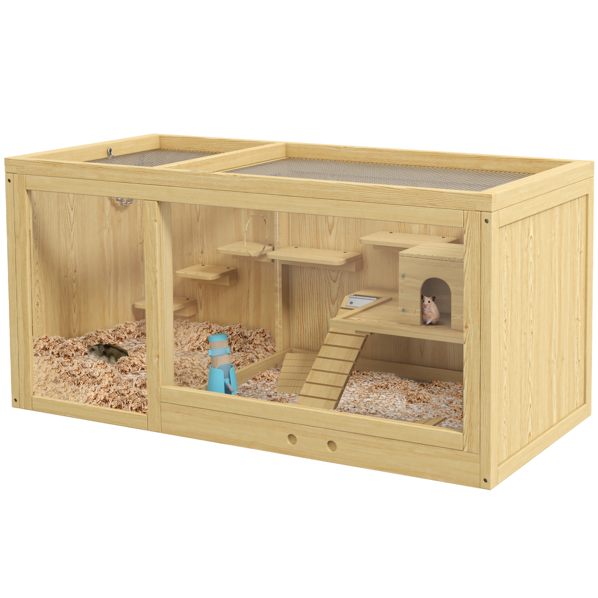 PawHut Wooden Hamster Cage with Water Bottle, Platforms, Seesaw & Openable Roof – Dwarf Hamster Habitat