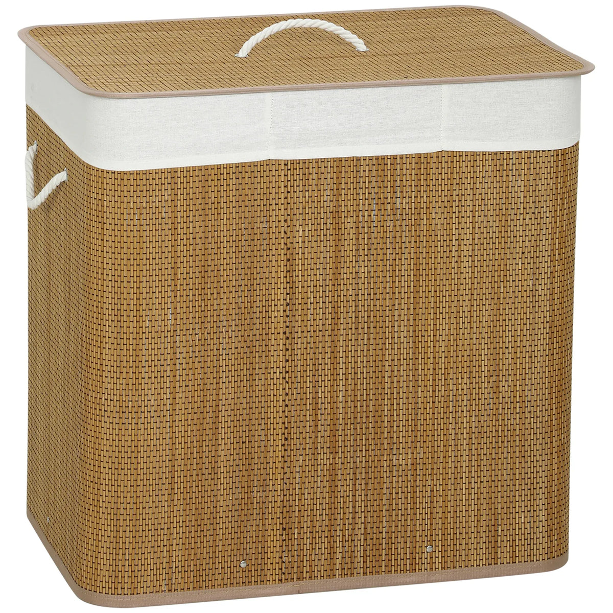 HOMCOM 144L Bamboo Laundry Basket with Lid, 3 Sections, Handles & Removable Washable Liner – Brown