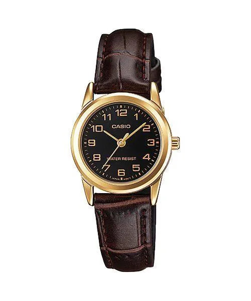 Casio Ladies Analogue Watch, Black Dial, Gold-Tone Case, Brown Leather Strap, 25mm