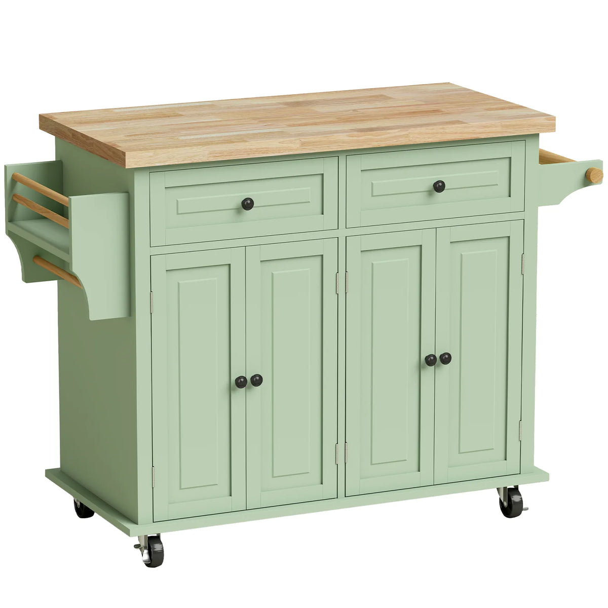 HOMCOM Rolling Kitchen Island with Rubberwood Top, Drawers & Cabinets – Dining Room Storage Trolley, Light Green