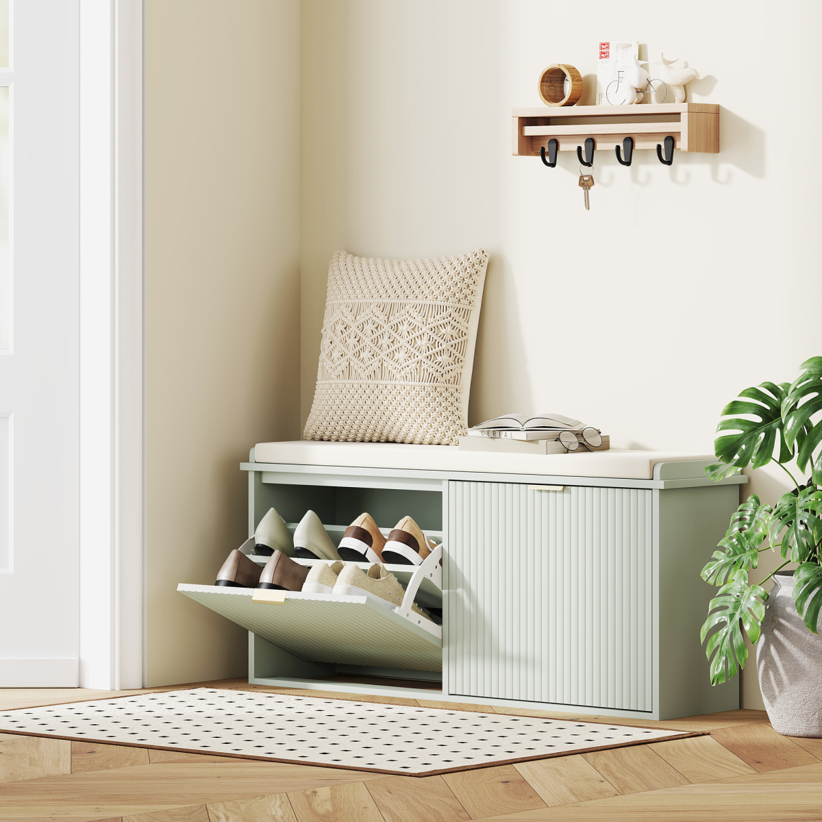 Shoe Storage Bench with Cushioned Seat & 2 Drawers for 10 Pairs – 104cm Hallway Shoe Cabinet, Green and Beige