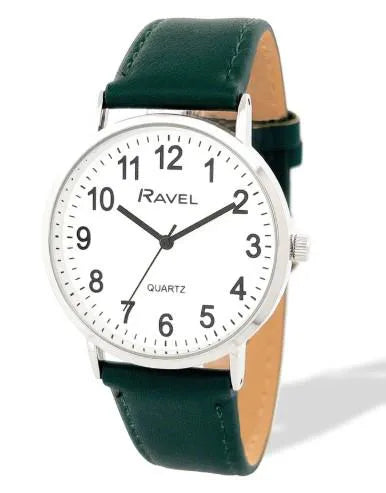 Ravel Unisex Big White Dial Watch with Green Leatherette Strap, R0129.20.1