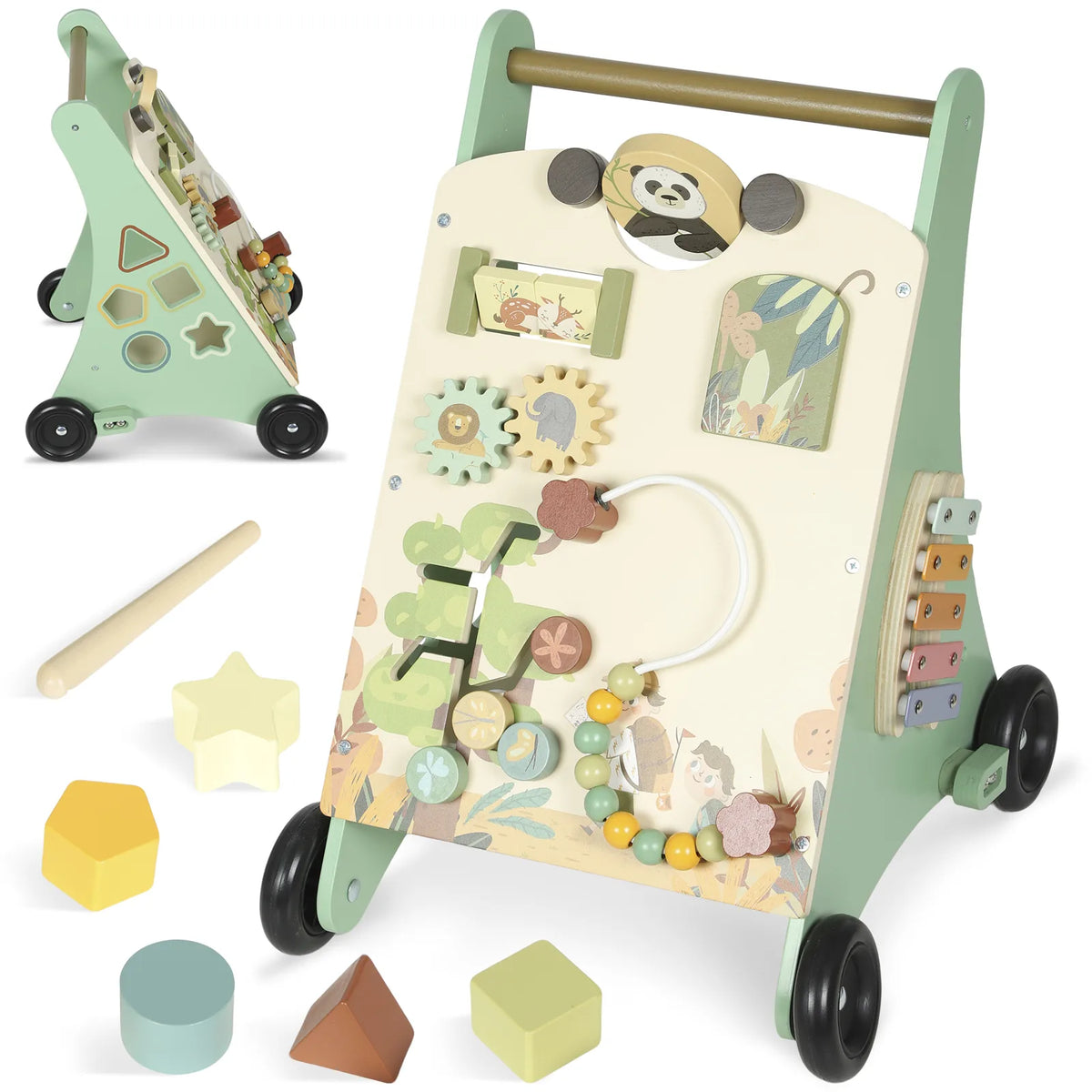 AIYAPLAY Wooden Baby Walker with Speed Control, Xylophone, Gears & Bead Maze – Push Along Toy, Green
