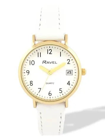 Ravel Ladies Gold-Tone Dated Watch with White Dial and White Faux Leather Strap