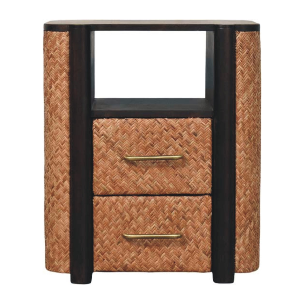 Artisan Furniture Solid Wood Rattan Curve Edge Nightstand with 2 Drawers and Shelf – Bedroom, Dark Brown